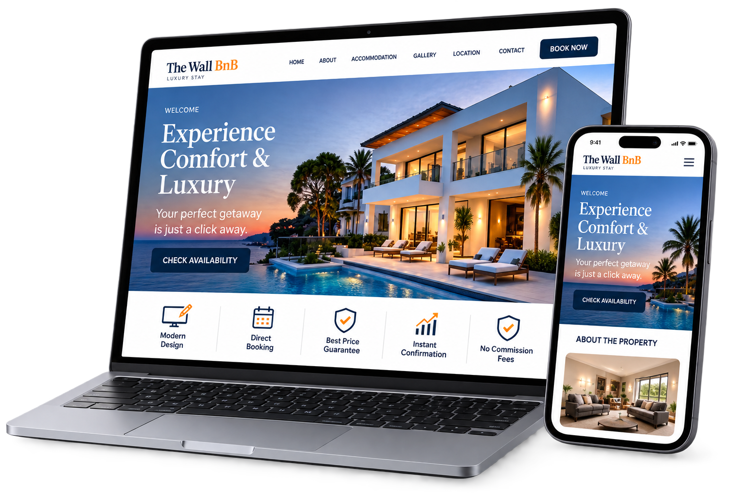 Professional vacation rental website displayed on laptop and mobile phone